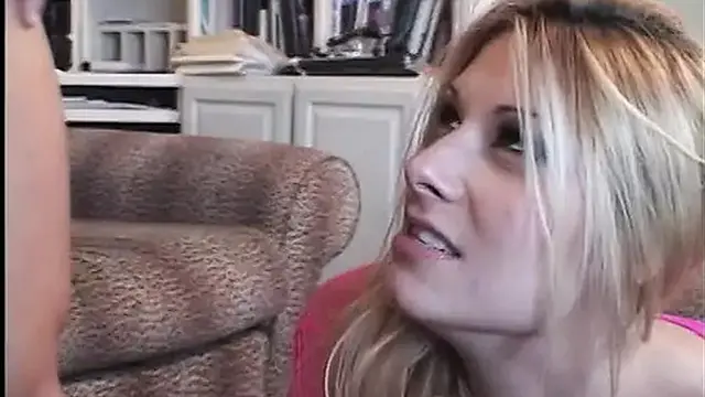 Cute blonde with tiny tits gets double fucked by two hunks on the couch