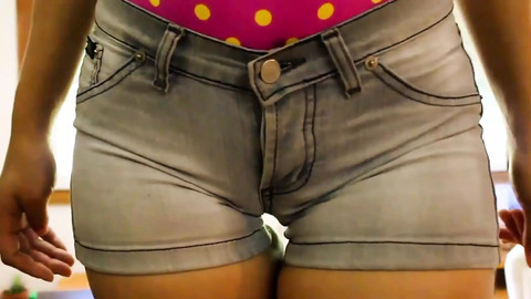 Scorcher Latina flaunts in ultra-tight shorts stripping for POV dildo playtime, ahem