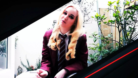 Raw college co-ed gets serviced, blows her lid on campus in sultry getup