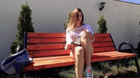 Blonde bombshell's sweaty sex romp, getting nailed on a park bench like a dog