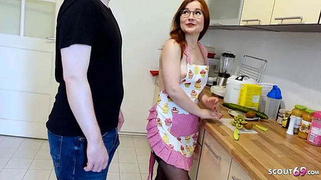 Redhead girlfriend TinyEmily shocked by creampie creampie in kitchen