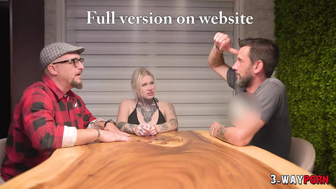 Two dudes ravage a tattooed nymph, her screams drowned out by the pounding