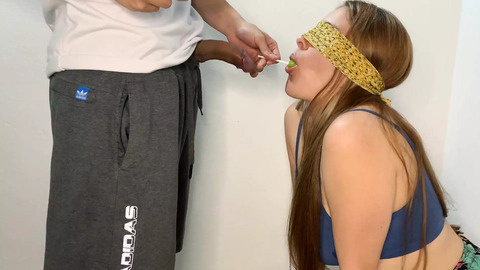 Blindfolded stepsister gagged on my shaft in 'taste game' - gets her tongue nailed