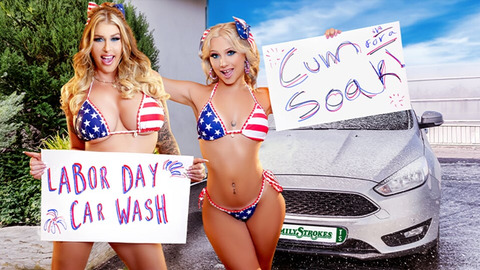 Two Girls at the Car Wash Flirt and Fondle