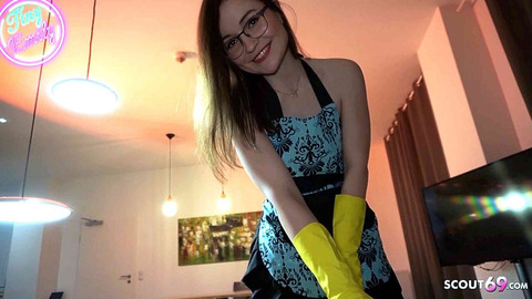 Small German Maid TinyEmily sexually teases her Boss for a POV Cumshot while wife is out