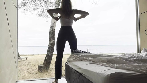 Sultry Goddess Exposing Her Flexibility By The Ocean In Steamy Yoga Session