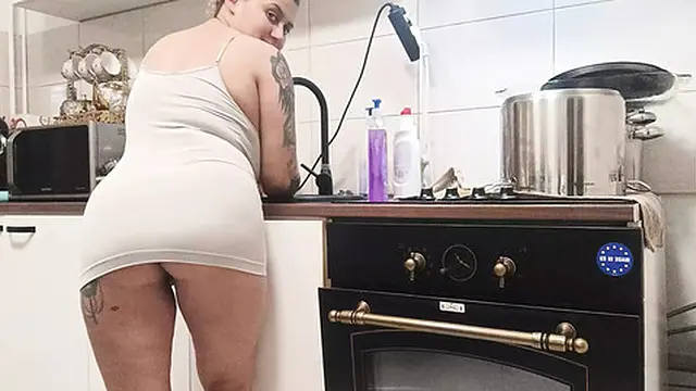 Teeny Bitch Sucks Grizzled D*** In The Kitchen & Swallows It All