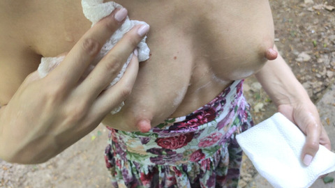 Cumming on Babes' Breasts Outdoors