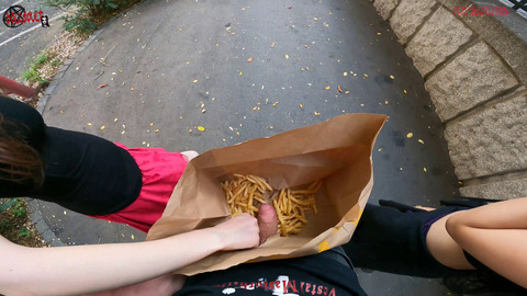 Public Double Handjob Hidden In Fries Bag, Hard Throbbing Excitement!