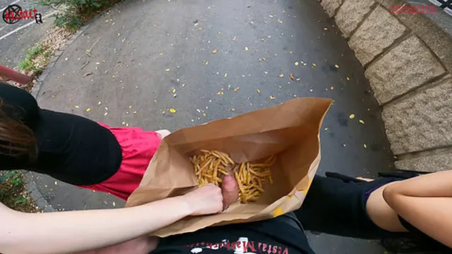 Public double handjob in the fries bag    I′m jerking it!