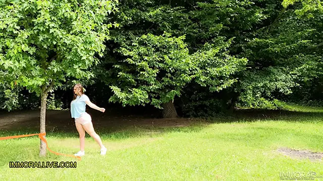 Stepfather and step son pick up busty teen working out in the park - 18-year-old natural big bouncing boobs