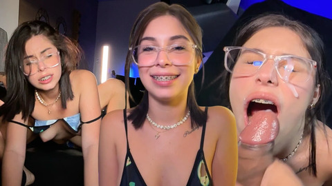 Orgasmic 18yo nerdy girl with shaking legs while fucking and cum on her glasses 