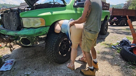 stepsister tricks stepbrother into quickie during truck repair