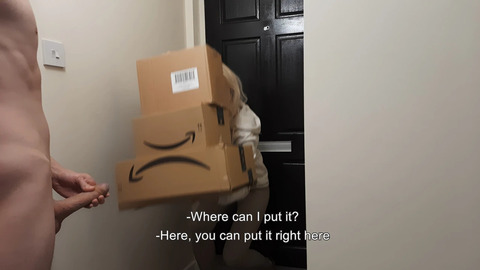 Amazon delivery girl couldn't resist naked jerking off guy 