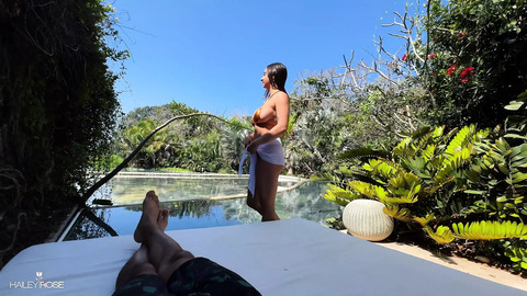 Latina Caught Getting Creampied on Vacation Public Patio Fuck with Hailey Rose