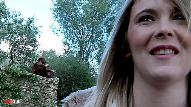 Young french blonde Cristal Bardzo fucked by a monk in the woods