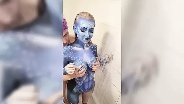 X-men Mystique Body Paint Shower Removal & Fucking