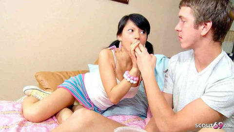 Teen newbie gets hammered by senior dude's thick rod, all squeals and moans, oh yeah!