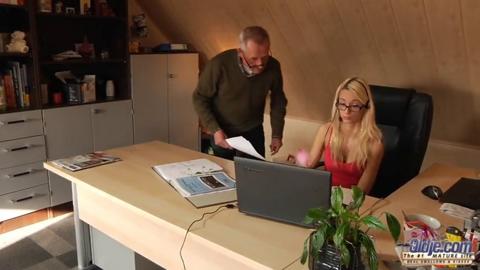 Blonde babe gets downgraded from professional to prostitute, serviced by silverback in filthy office romp