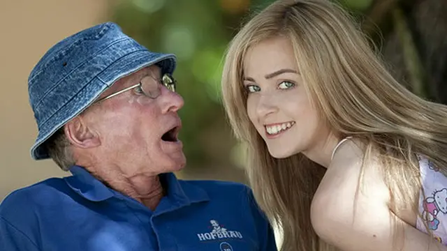 Beautiful teen sucks grandpa outdoors and she swallows it all