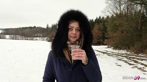 Teen German girl receives anonymous stranger's blowjob in public POV