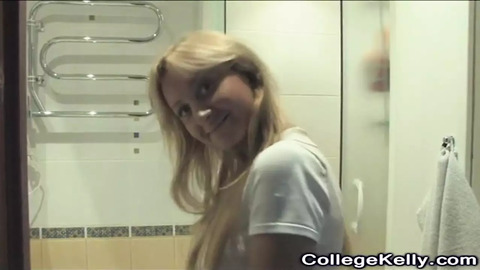 Juicy wet pussy🌮️ on display as busty blonde gets her rocks off solo shower🚿 style