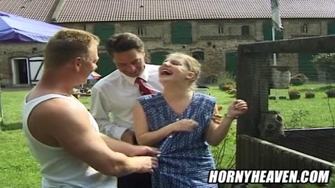 Saucy farmstead cutie gets destroyed by not one, but TWO gigantic unknown penises in an open area